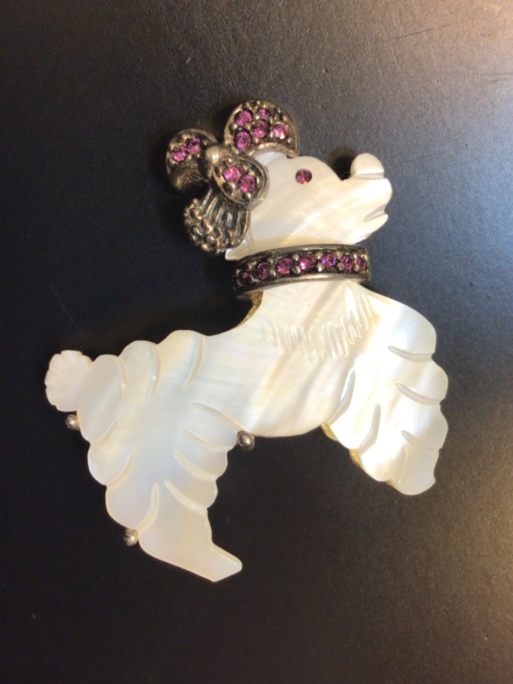 Vintage 50's Sterling Silver 925 Mother-of-pearl Poodle Brooch Pink Garnet